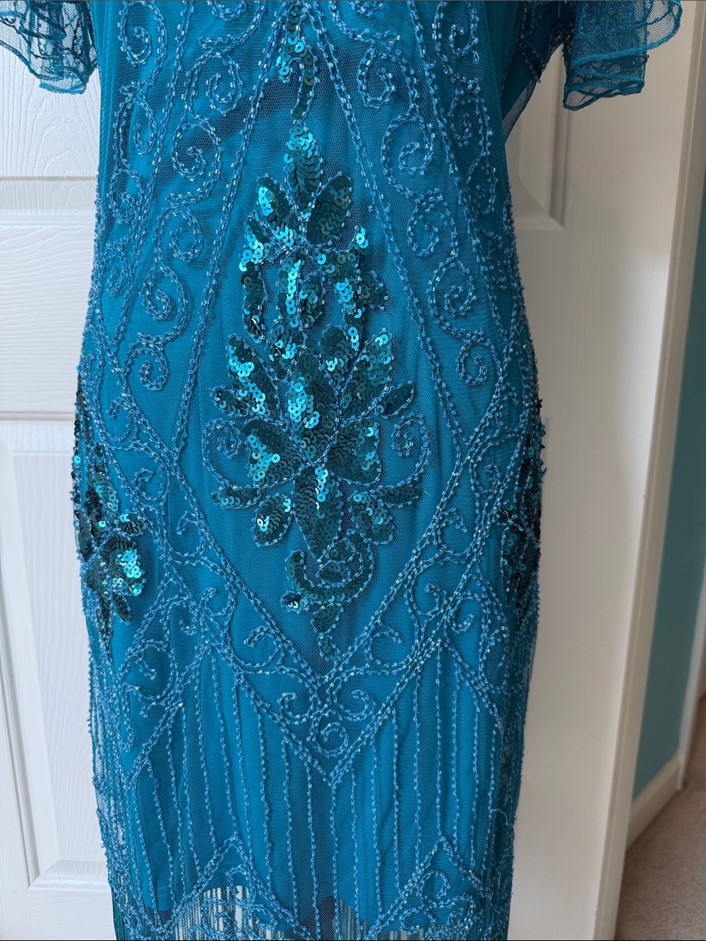 Flapper Style Teal Beaded Fringe Evening Dress - Picture 4 of 7